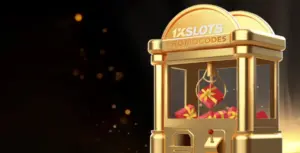 Image featuring a golden claw machine filled with gift boxes, promoting promo codes at 1XSlots with a festive and rewarding atmosphere.